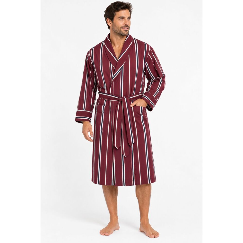 Vintage Derek Rose Men's Robe Burgundy Wine Striped Navy White Cotton M England